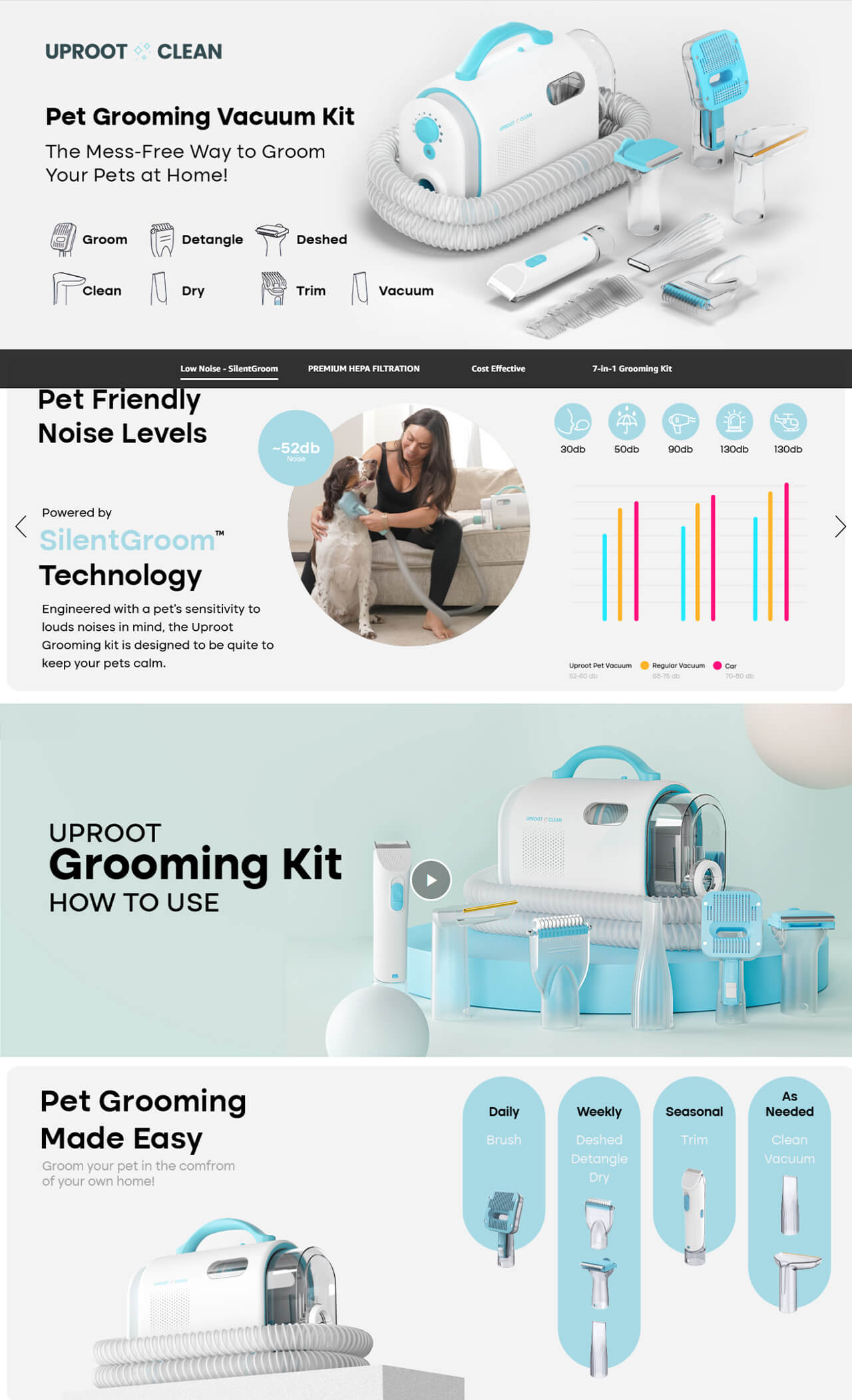 UpRoot Pet Hair Remover: High-contrast visuals, detailed product close-ups, and a sleek enhanced brand content layout.